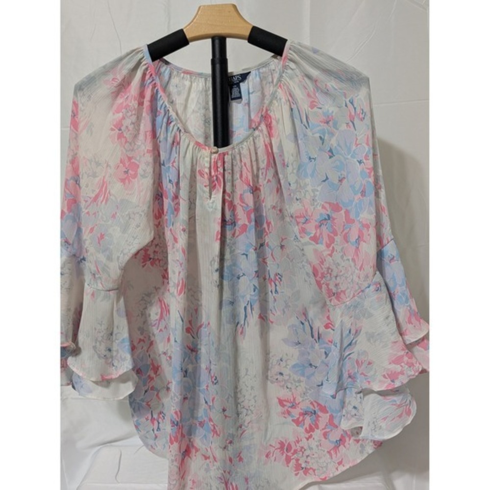 Chaps Womens Floral Bell Sleeve Peasant Blouse Pink Blue Watercolor Top Large - Picture 1 of 3